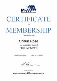 Mortgage & Finance Association of Australia - Certificate of Membership